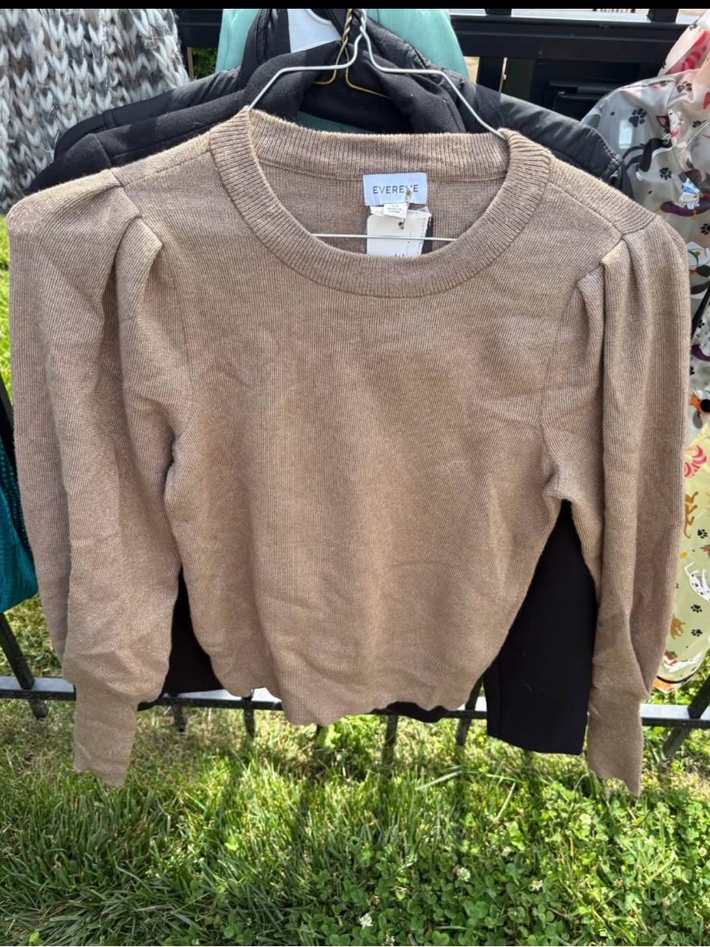 Evereve Taupe Puff-Sleeve Crewneck Sweater